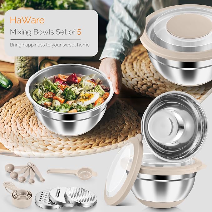 HaWare Stainless Steel Mixing Bowls with Airtight Clear Lids, Khaki | 24-Piece, 5 Nesting Bowls: 4.6/2.6/1.5/1/0.7 QT, Includes 3 Graters, Non-Slip, For Serving, Prepping, Storing