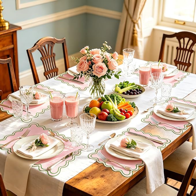 Whaline Pink Green Linen Placemats Embroidered Scalloped Kitchen Table Mats for Baby Shower Birthday Spring Party Home Dining Table Decor, Set of 6, 13 x 19 in