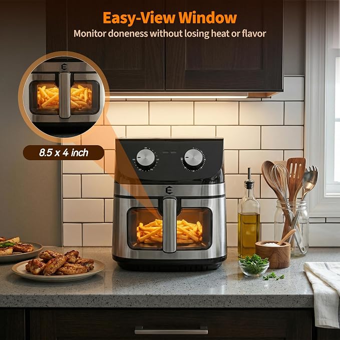 9.5Qt Large Air fryer Toaster Oven Combo with Mechanical Dial Controls | Non Toxic Stainless Steel Air Fryer with Viewing Window, XL Capacity Basket Style Airfryer for Family, Black