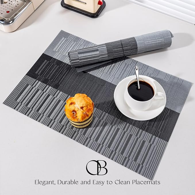 Placemats Set of 6 - Easy Clean Woven Vinyl Placemats for Dining Table, Indoor/Outdoor Place Mats, Washable PVC Table Mats （Silver Gray Black）