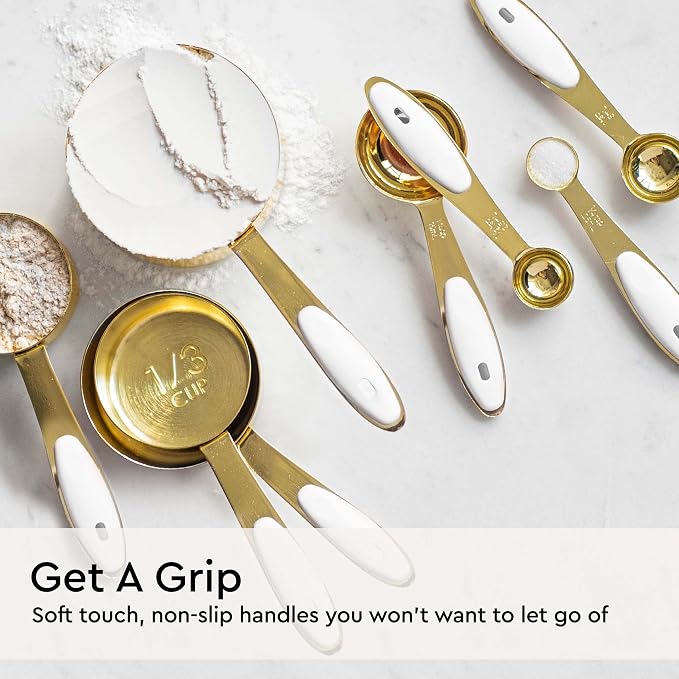 White and Gold Measuring Cups and Spoons Set – 8-Piece Stackable Stainless Steel Measuring Set – Stylish Gold Kitchen Accessories for Precise Baking and Cooking, Ideal Gift for Bakers and Chefs | Stainless Steel, 8-Piece Measuring Set with White Silico...