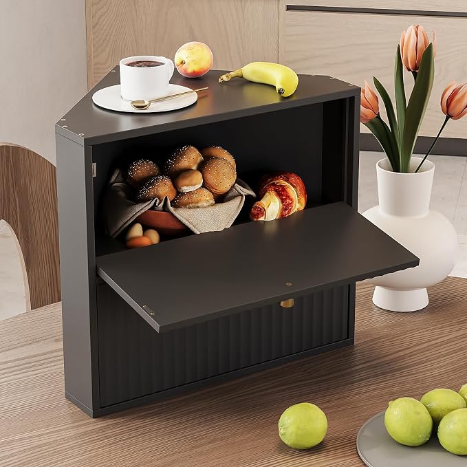 Trironsun Corner Bread Box for Kitchen Countertop Bamboo Two Layer Large Capacity Bread Storage Bin Vintage Storage for Homemade Bread (Black)