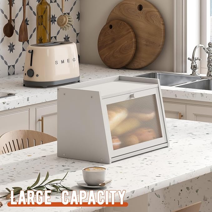 GHWIE Large Bread Box, Easy Access & Cleaning - Bamboo Bread Box for Kitchen Countertop with Acrylic Door (White, Medium)