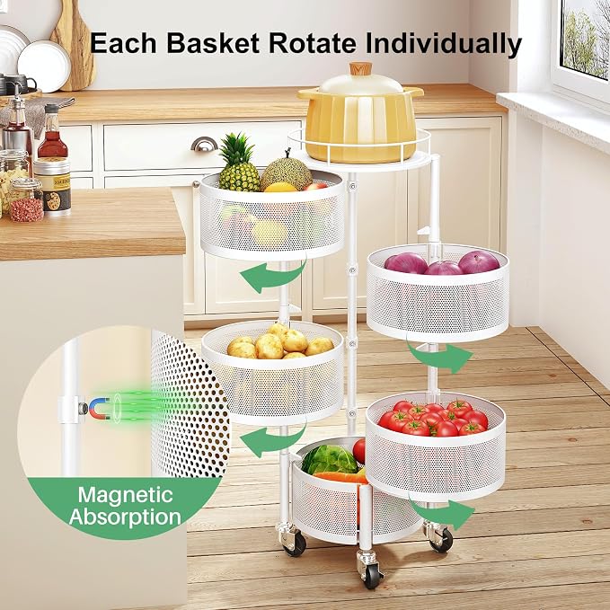 SAYZH 5 Tier Fruit Vegetable Basket Stand for Kitchen, Rotating, White | Rolling Storage Cart with top lid, Large Metal Wire Rack for Potato and Onion Storage