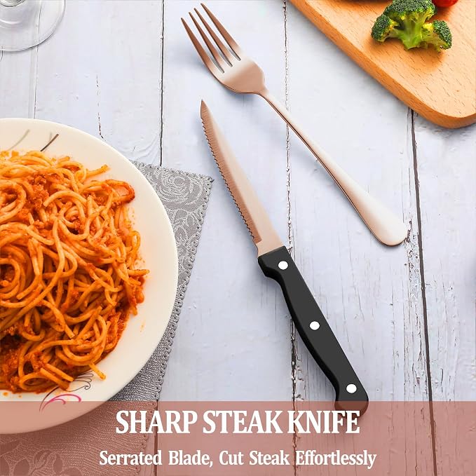48 Pcs Rose Gold Silverware Set with Steak Knives, Stainless Steel Flatware Cutlery Set for 8, Kitchen Tableware Sets, Utensil Sets for Home and Restaurant, Dishwasher Safe