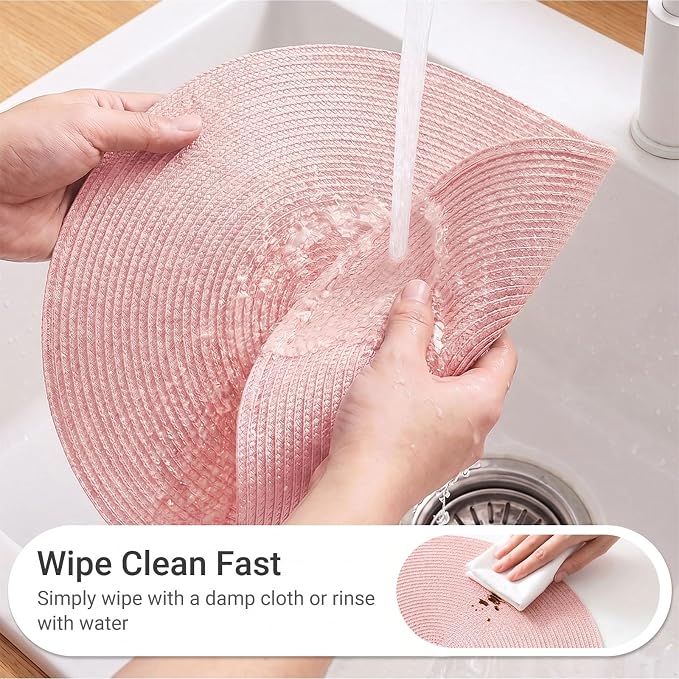 FunWheat Round Braided Placemats Set of 8 Place Mats for Dining Table Woven Washable Non-Slip Table Mats 15 Inch(Pink,8pcs)