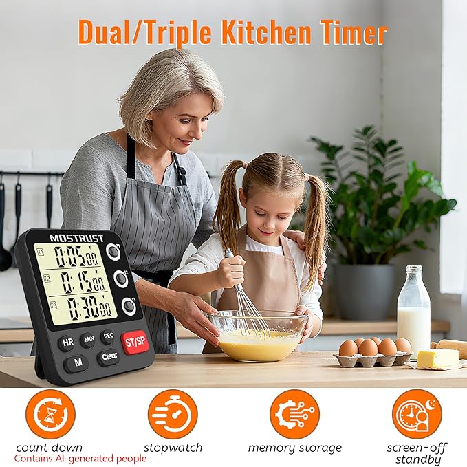 Digital Dual Kitchen Timer, Multiple Channels Countdown Timer | 3-Groups Triple Timer with Magnet-Back Memory-Preset Large Display Adjustable Volume, 3A Battery Included, Ideal for Cooking