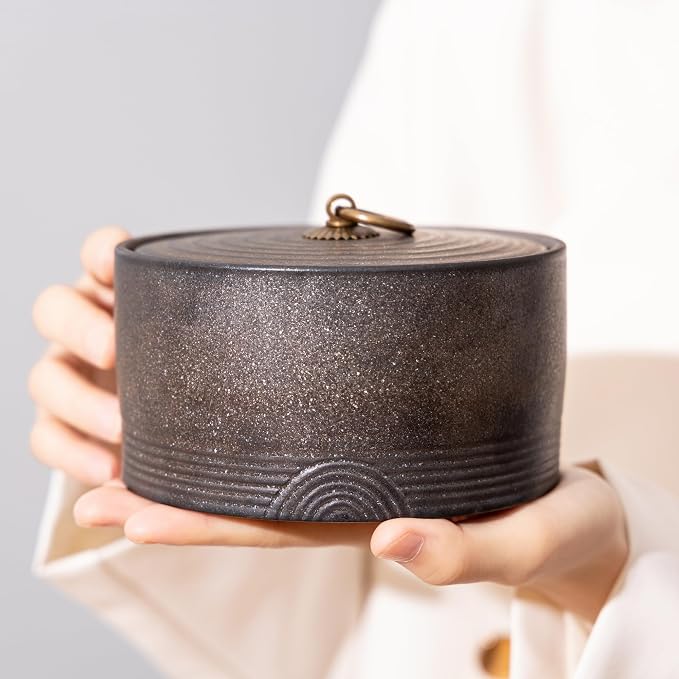 Ceramic Canister,16.9 Oz /500ml Clay Food Storage Jar -Stone Golden | Easy Open Anti-caking jar for Salt, Sugar,Tea,Coffee Beans,Herb,Candy,Spices,Nuts