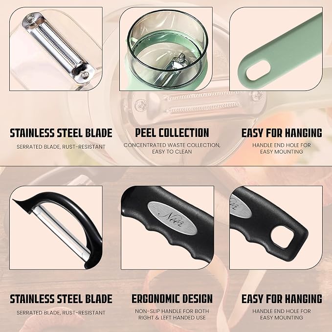 Swivel Vegetable Peeler + Fruit Peeler with Container & Cleaning Brush, Ultra Sharp Stainless Steel Blades, Ergonomic Soft Grip Handle, Multi-Purpose Peeling Knife for Potato, Carrot, Apple,3 pcs
