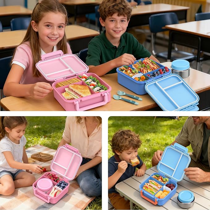 Kids Lunch Box Set with Bento Box, 9oz Stainless Steel Thermo & Insulated Lunch Bag – Hot & Cold Leakproof Lunch Container with Utensils for School & Travel, Blue Set