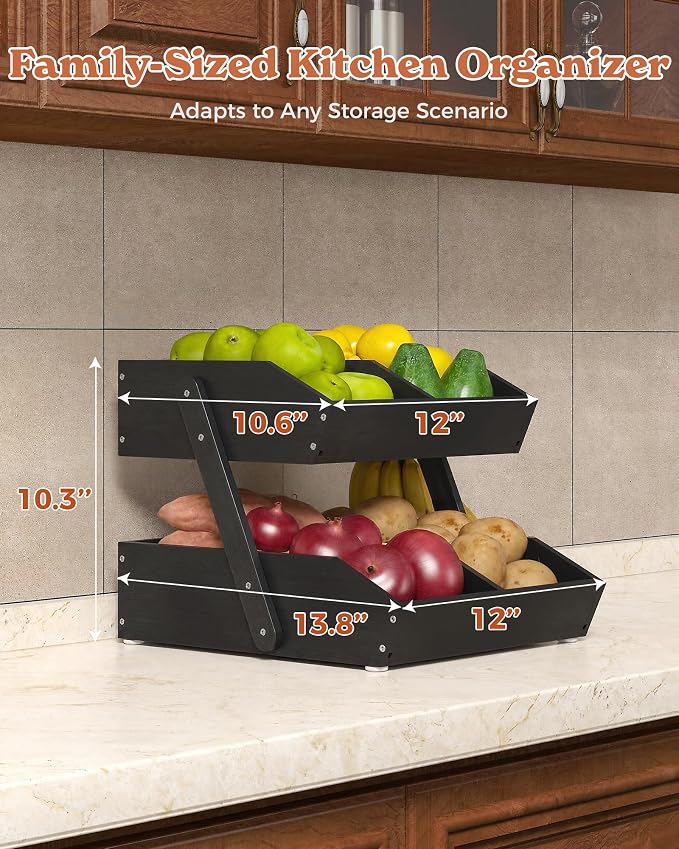 2-Tier Bamboo Fruit Basket with 2 Banana Holders Black | Large tiered organizer for bread, snacks, veggies. Sturdy bamboo, includes mats & dividers. Easy to assemble.
