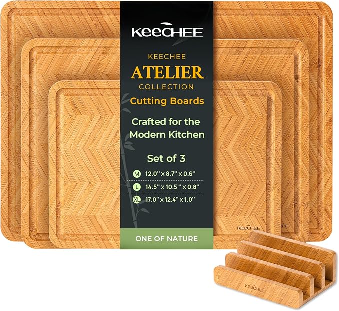 Keechee Bamboo Cutting Board, Reversible Wood Cutting Boards for Kitchen with Juice Grooves, Atelier Collection Handcrafted Large Serving Tray, Luxury Housewarming Wedding Gifts for New Home