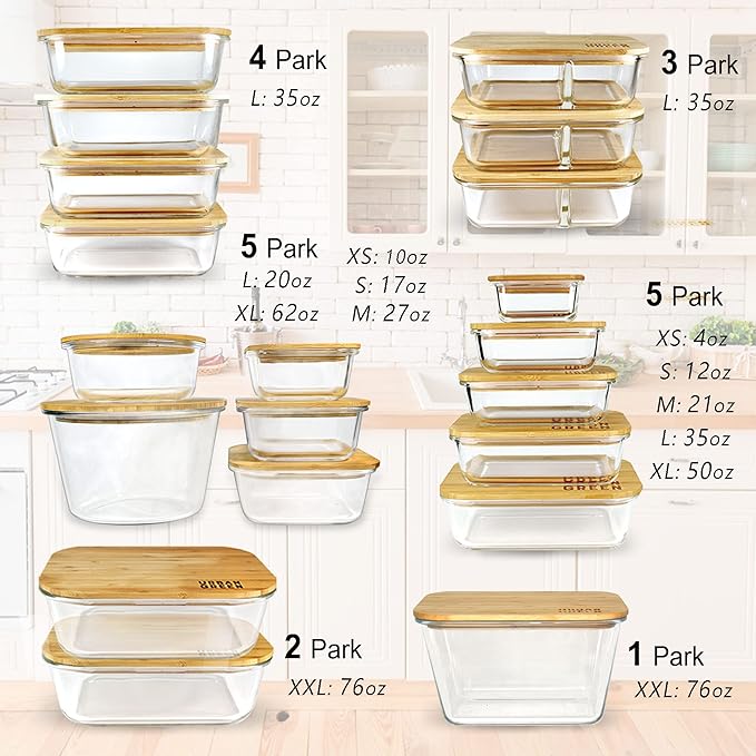 Glass Food Storage Containers, XXLarge Size, 76oz/2260ml, 2 Pack - Bamboo Lids, Microwave & Freezer Safe, Meal Prep & Pantry Organization