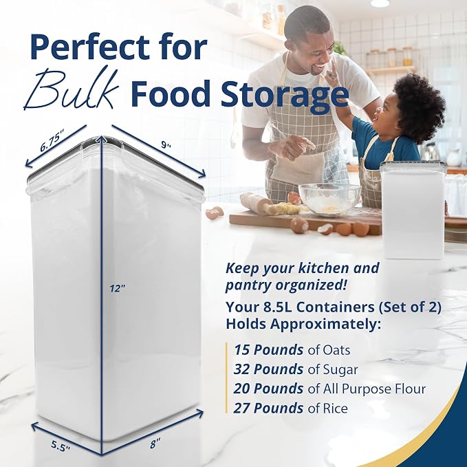 Reli. Airtight Food Storage Containers Stackable 8.5L Flour Sugar (2 Pack) | Pantry Storage, XXL, Freshness Seal, Dry Goods, See-Through, Labels, 2 Measuring Cups, BPA Free, Leak-Proof, Reusable