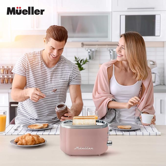 MUELLER HOME Retro Toaster 2 Slice, 7 Browning Levels | 3 Functions (Reheat, Defrost, Cancel), Stainless Steel Features, Removable Crumb Tray, Under Base Cord Storage, Pink