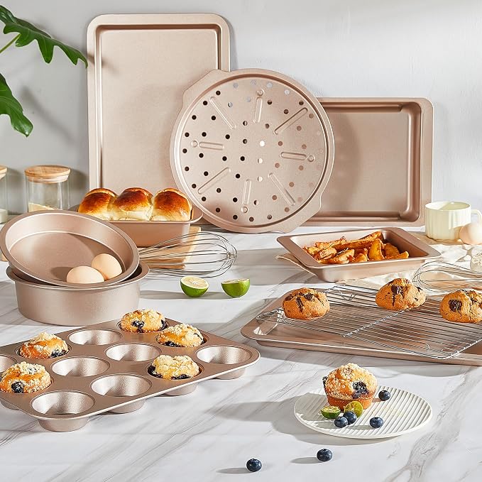 Bakeware Sets, Baking Pans Set, Nonstick Oven Pan for Kitchen with Wider Grips, 10-Piece Including Rack, Cookie Sheet, Cake Pans, Loaf Pan, Muffin Pan, Pizza Pan - Champagne Gold