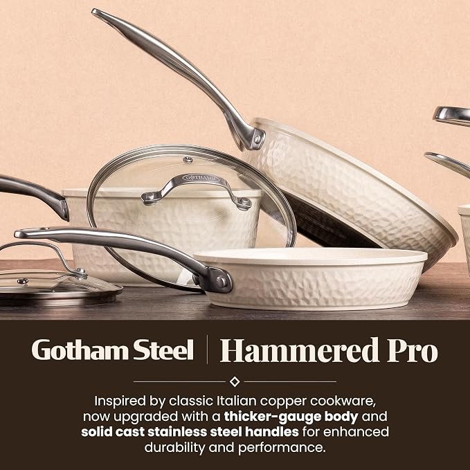 GOTHAM STEEL Hammered 3 Pc Nonstick Frying Pans Set, Navy Gold | 8, 10, 12" Fry Pans, Heavy Duty 3.0MM Gauge, Non Toxic PFOA/PFOS/PTFE Free, Induction Compatible, Oven & Dishwasher Safe