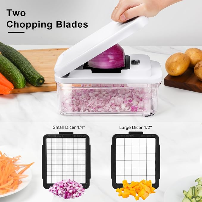 Vegetable Chopper, Professional Food Chopper &Onion Chopper, Veggie Cutter for Salad with 7 Blades and 900mL Container, Kitchen Gadgets & Gift, Home Essentials