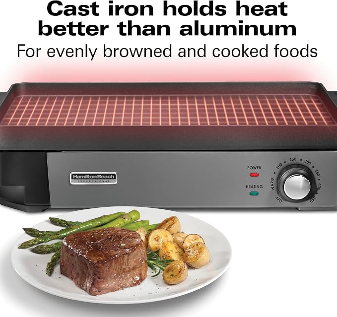 Hamilton Beach Professional Cast Iron Electric Griddle & Indoor Grill | Durable 10" x 16" Preseasoned Cooking Surface | Adjustable Temperature up to 450° F | Black | 38560