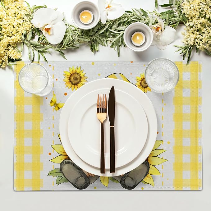 Summer Gnome Sunflowers Placemats Set of 4, Honey Butterfly Yellow White Buffalo Check Plaid Dining Table Place Mats 12 x 18 Inch Summer Seasonal Farmhouse Kitchen Home Decor