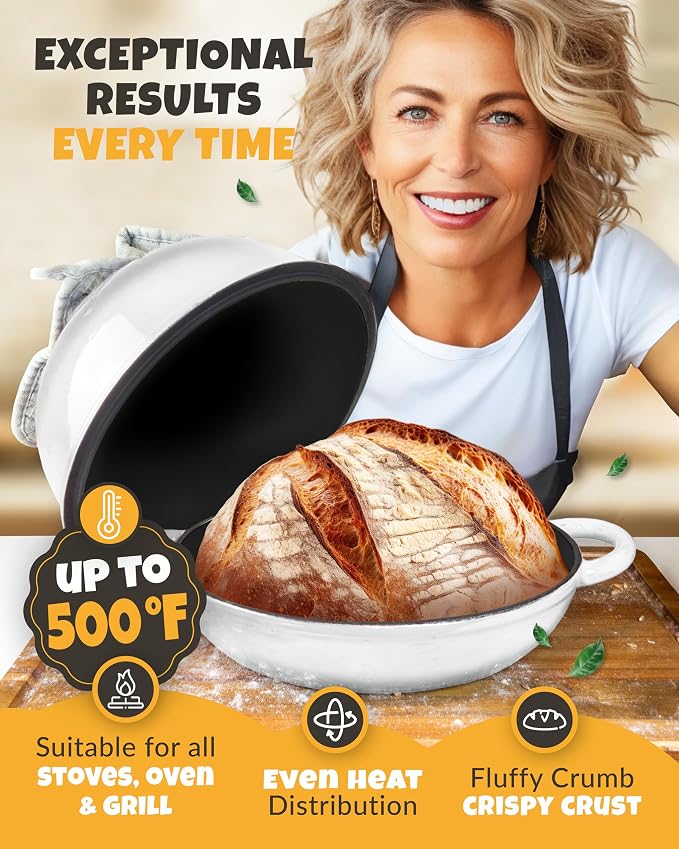 5 QT Enameled Dutch Oven for Bread Baking with Lid & Starter Kit | Dutch Oven for Sourdough Bread Baking, Enameled Cast Iron, Banneton, Bread Sling, Lame, Dough Whisk & Step-by-Step Guide