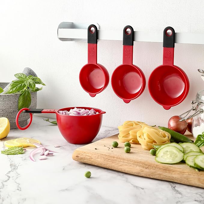 Spring Chef Set of 9 Plastic Magnetic Red Measuring Cups and Spoons | for Dry & Liquid Ingredients - Food Safe & BPA Free - Nesting Design - Dishwasher Safe
