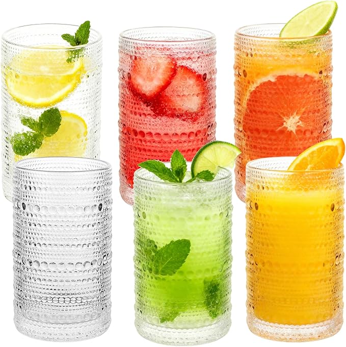 Vintage Hobnail Drinking Glasses Set of 6, 12 Oz Glass Cups with Embossed Retro Design, Clear Glass Tumblers Water Glasses for Kitchen, Cocktail, Beer, Juice, Whiskey, Milk and Everyday Drinks