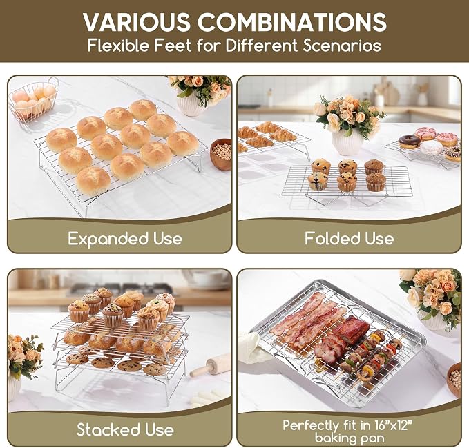 Herogo Cooling Rack, 2-Tier Stainless Steel Baking Rack for Cookies, Cupcakes, and Pastries, Collapsible Space-Saving Design, Dishwasher Safe, Ideal for Baking, Roasting, and Drying