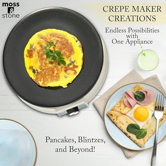Moss & Stone 12” Electric Crepe Maker Machine, Griddle Nonstick Crepe Pan | Adjustable temperature, quick heat-up, even heating, non-slip feet, spreader & spatula included, for pancakes & tortillas