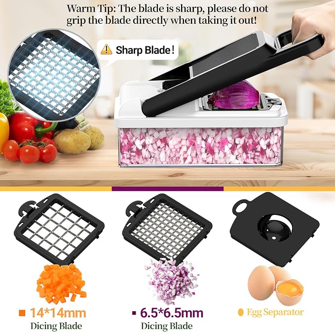 15-in-1 Vegetable Chopper 10 Blades, Veggie Cutter with Handle, Black/White | Stainless Steel Blades, Food Container and Lid, Dicer, Slicer, Julienne, Egg Separator, Non-slip Base, Include Cleaning Tools