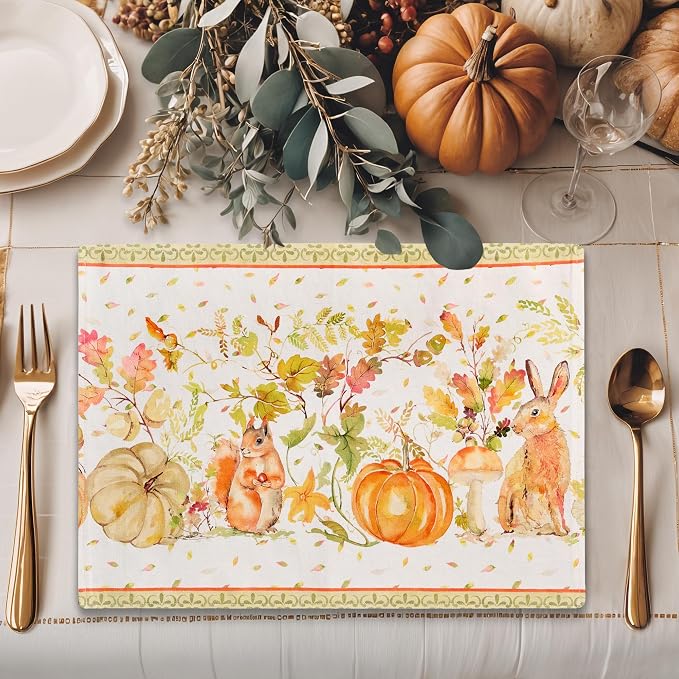 Maison d' Hermine Placemats Set of 4 Reusable 100% Cotton (13"x19") | Cloth Place Mats Washable Table Mats for Kitchen Dining Party Wedding Hotel Home Thanksgiving Christmas - Pumpkin Passion