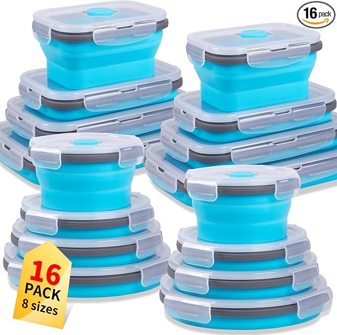 Collapsible Food Storage Containers with Lid & Air Vent, 16 Pack, 8 Rectangular + 8 Round, Foldable Silicone Lunch Containers Collapsible Bowls Set, Microwave Freezer Dishwasher Safe, Blue