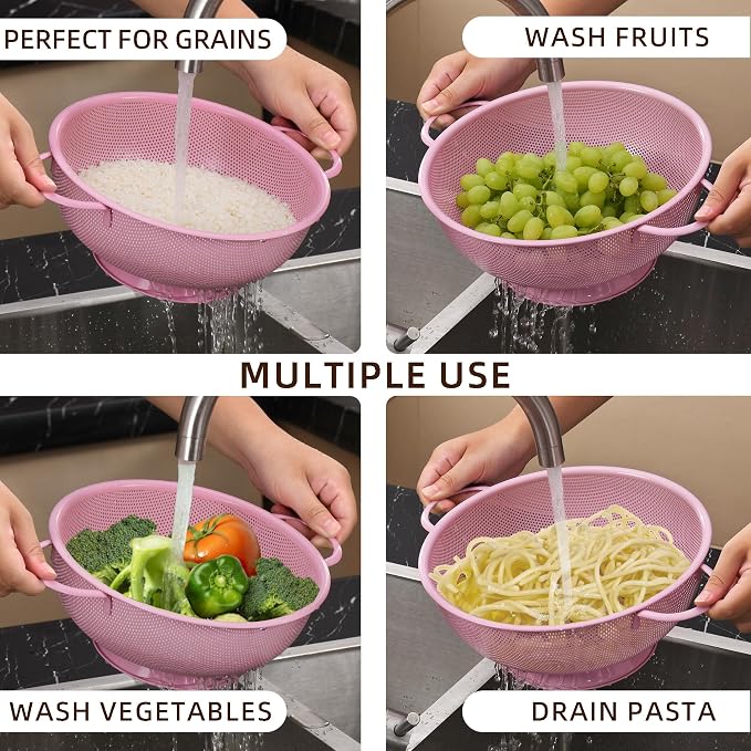 Stainless Steel Colander 3 Piece,Metal Strainer Basket with Solid Base and Handles for Kitchen Food,Pasta, Noodles, Vegetables and Fruits,Powder Coated,BPA Free,Dishwasher Safe,2 & 3 & 4.5 Qt (Pink)