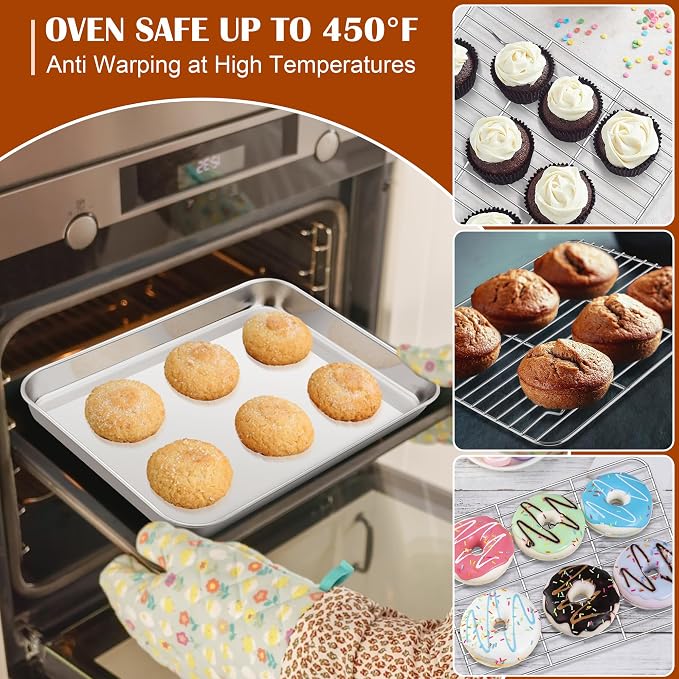 E-far Baking Sheet with Wire Rack, Cookie Sheets Trays for Toaster Oven | 10.5 x 8.3 Inch Stainless Steel Cooling Rack with Non Toxic & Warp Resistant Design, Oven & Dishwasher Safe, 2 Pans + 2 Racks