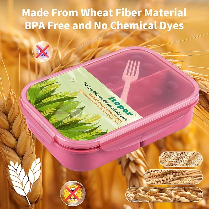 Itopor Bento Box for Kids & Adults, Lunch Box 46 oz / 1400ml, Dusty Pink | Wheat straw material, BPA-free, leakproof, 3 compartments, microwave & dishwasher safe, for school, office & travel