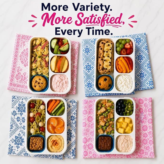 kinsho Bento Lunch Box for Kids Adults, 4 Sealed Divided Compartments, Portion Control Meal or Snack Containers for Boys Girls Women Men, School Work BPA Free with Utensils, Blue + Rose Pink 2 Pack