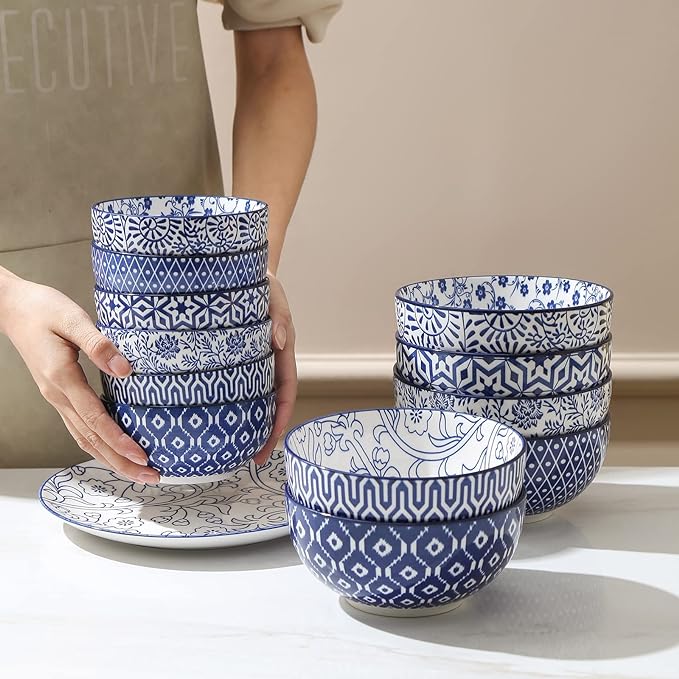 Selamica Ceramic Cereal Bowls Set of 6, 24 Oz Deep Soup Bowls for Kitchen | 5.9 Inch Dessert Bowls for Salad, Pasta, Oatmeal, Ramen, Microwave Dishwasher Safe, Vintage Blue