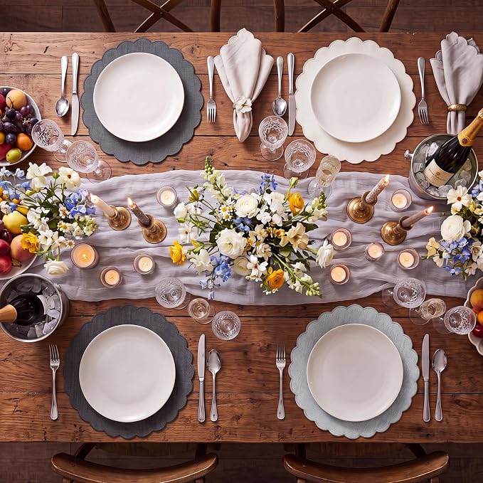 Set of 12 Gray Cotton Placemats 15" Round Scalloped | Double Layered Cotton Fabric, Washable Embroidery, Classic Edge, Rustic Table Mats for Wedding Dining Table Decor