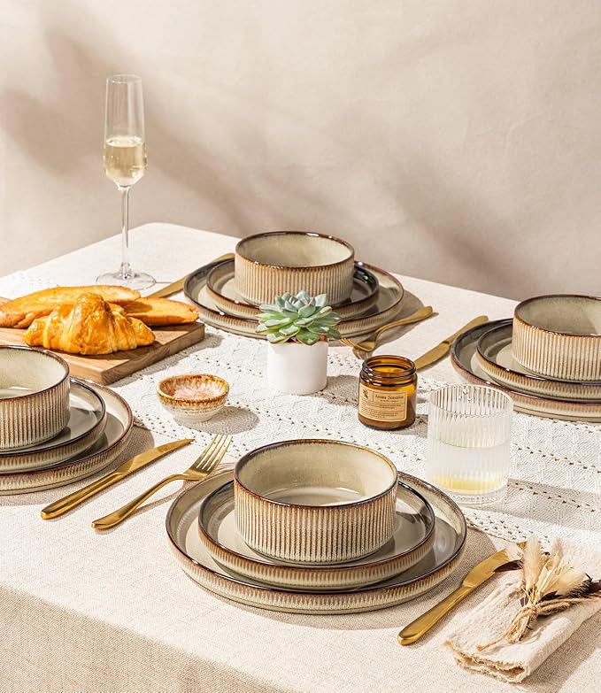 GBHOME Stoneware Dinnerware Sets for 4, 12 Pieces Plates and Bowls Set | Lightweight Ceramic Ribbed Dishes, Reactive Glaze Stackable Plate Set, Scratch Resistant, Microwave & Dishwasher Safe
