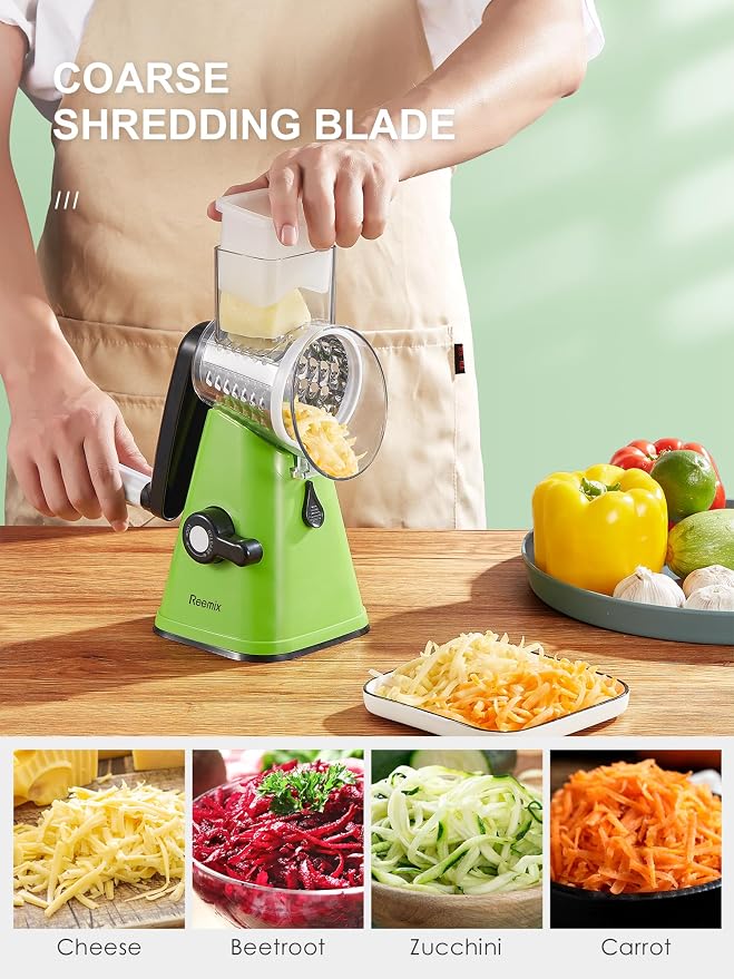 Rotary Cheese Grater with Handle, Reemix Vegetable Cheese Grater | Shredder Slicer Grater for Kitchen 3 Changeable Blades for Cheese Potato Zucchini Nuts Chocolate (Green)