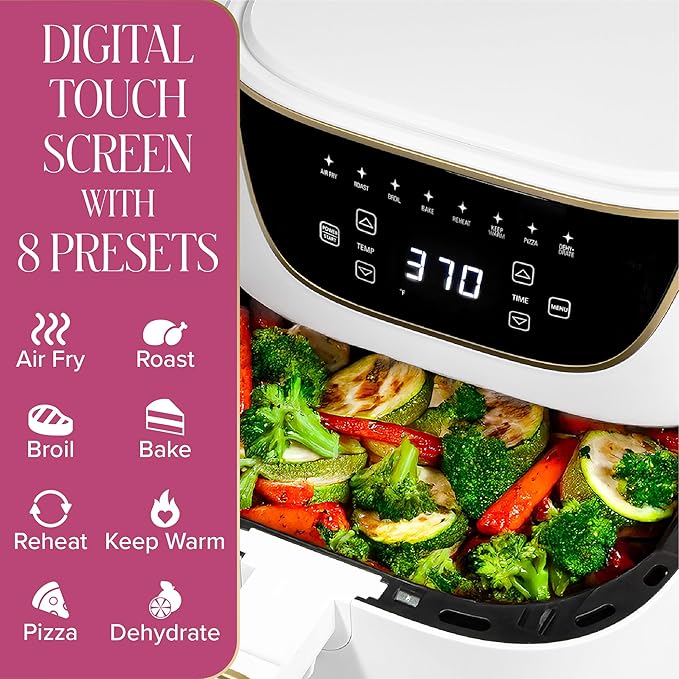 Paris Hilton 6-Quart Air Fryer, Nonstick Basket Made Without PFAS, Touchscreen, 8-in-1 (Fry, Roast, Broil, Bake, Reheat, Keep Warm, Pizza, Dehydrate), Dishwasher Safe Basket and Crisping Tray, White