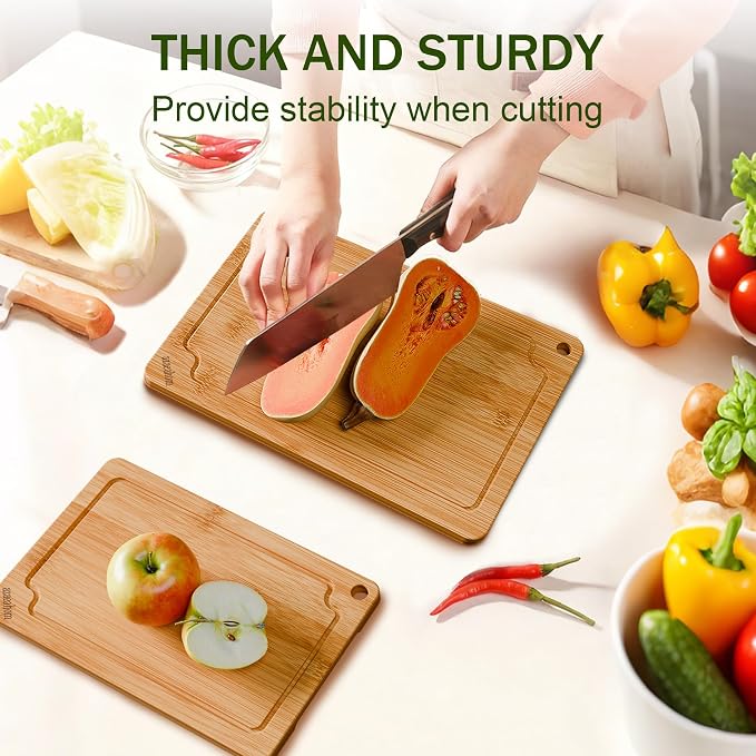 2-Piece Bamboo Cutting Board Set Serving Tray Juice GroovesHandles | Ideal for Meat Vegetables Fruit,Easy Storage & Quick Clean,Natural Wood Construction,Dual-Purpose as Serving Tray