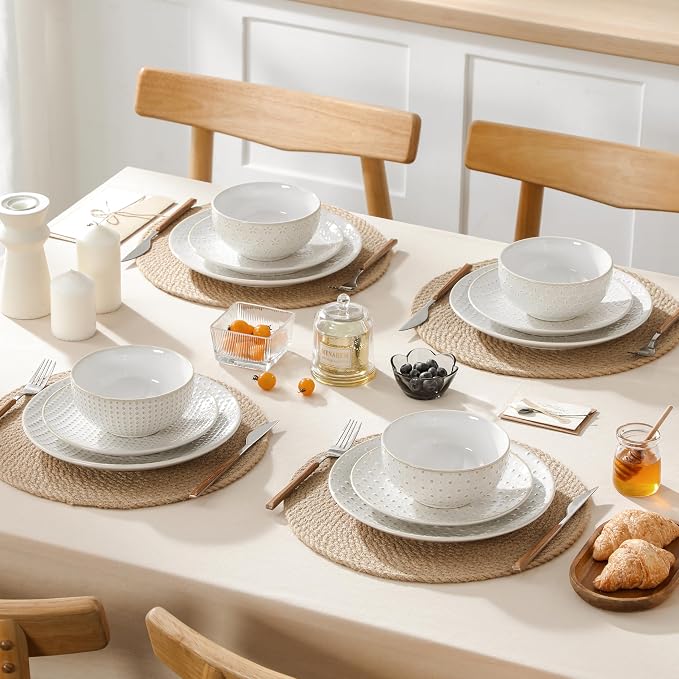 MALACASA 12 Pieces Dinnerware Sets, Farmhouse Plates and Bowls Sets, Embossed White Dish Set for 4, Vintage Relief Ceramic Dish Set, Chip-Resistant, Microwave and Dishwasher Safe, Series LYDIA