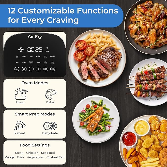 Fullwill 6QT Air Fryer with Viewing Window,12-in-1 Multi-Function Air Fry,Roast,Bake, Dehydrate, Fries,Nonstick and Dishwasher-Safe Basket,Family&friends Party,Max 400℉ Crisping 1700W,Blue