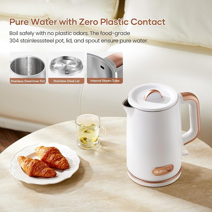 OLEGA Electric Kettle: 1200W Fast Boil Tea Kettles with Tea Infuser 1.5L | Stainless Steel Kettle; Electric Water Kettle with Strainer; Plastic Free Teapot; Auto Shut-Off Water Boiler