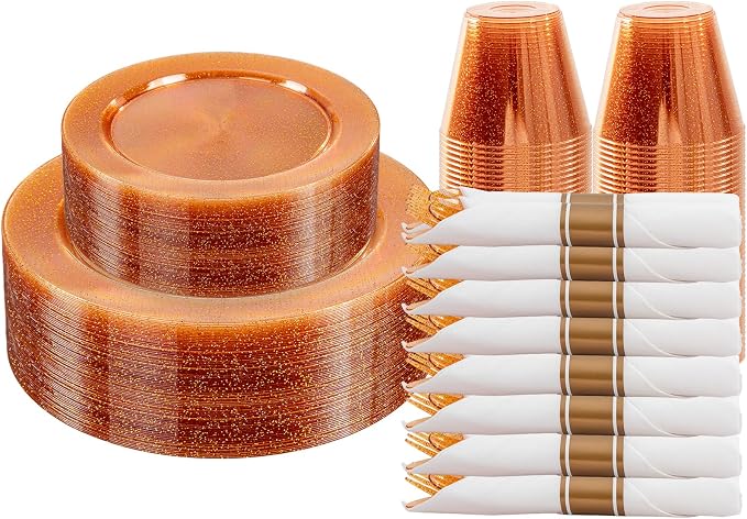 DaYammi 210PCS Orange Glitter Plastic Dinnerware Set for 30 Guests, Fancy Disposable Plates for Party, Include: 30 Dinner Plates, 30 Dessert Plates, 30 Pre Rolled Napkins with Silverware, 30 Cups