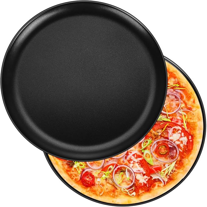 P&P CHEF Pizza Pan Set of 2, 12 Inch Stainless Steel Pizza Tray, Black | 2 Pieces Round Pizzas Plate for Pie Cookie Cake, Good For Baking Cooking Roasting, Non Toxic & Heavy Duty, Dishwasher Safe