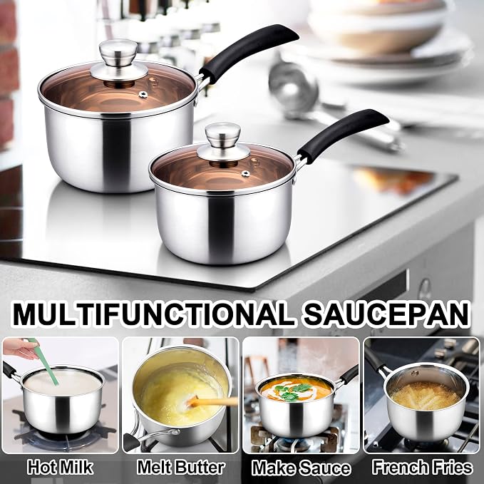 LIANYU Sauce pan Set with Lid, 1 Quart and 2 Quart Stainless Steel Saucepan | Small Kitchen Cooking Pot for Milk, Soup & Butter, Stay-cool Handle, Induction Ready, Nonstick & Non Toxic, Dishwasher Safe