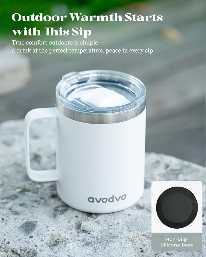 2 Pack 12oz Insulated Coffee Mug with Lids – Double Wall Stainless Steel Travel Cups with Handle, Keep Hot & Cold Drinks, Ideal Gift for Coffee Lovers, Home, Office & Camping, White
