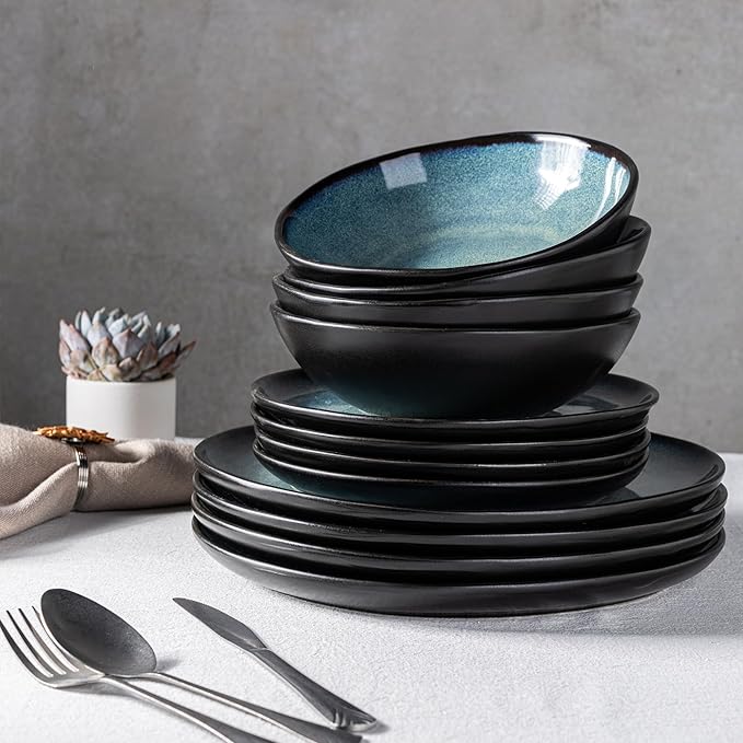 AmorArc Ceramic Dinnerware Sets for 6, 18Pcs Plates and Bowls Sets Dishes | Stoneware Handmade Reactive Glaze Dinner Set, Highly Scratch Resistant | Dishwasher & Microwave Safe Dishware